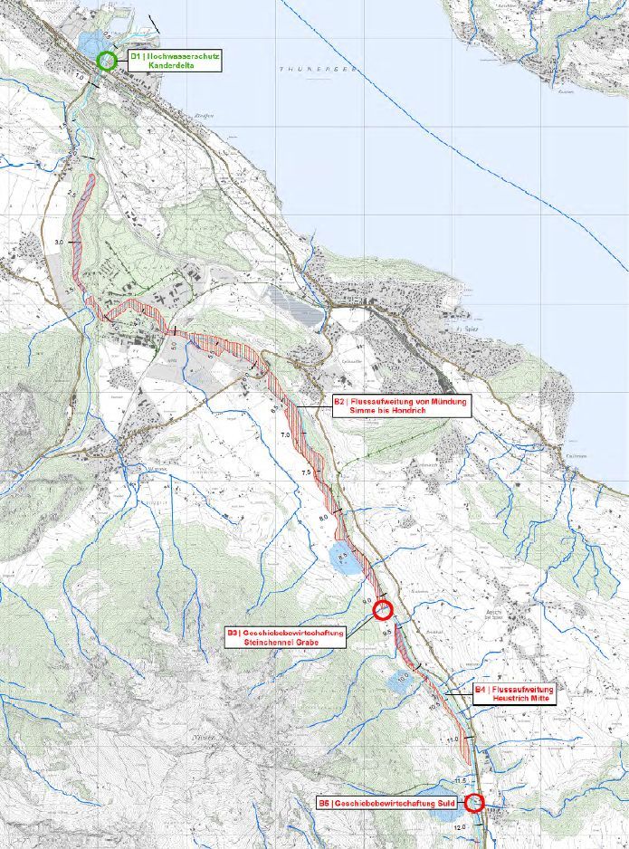 Eine Gewässerrichtplankarte zeigt einen Ausschnitt vom Südufer des Thunersees mit Flussaufweitungen.